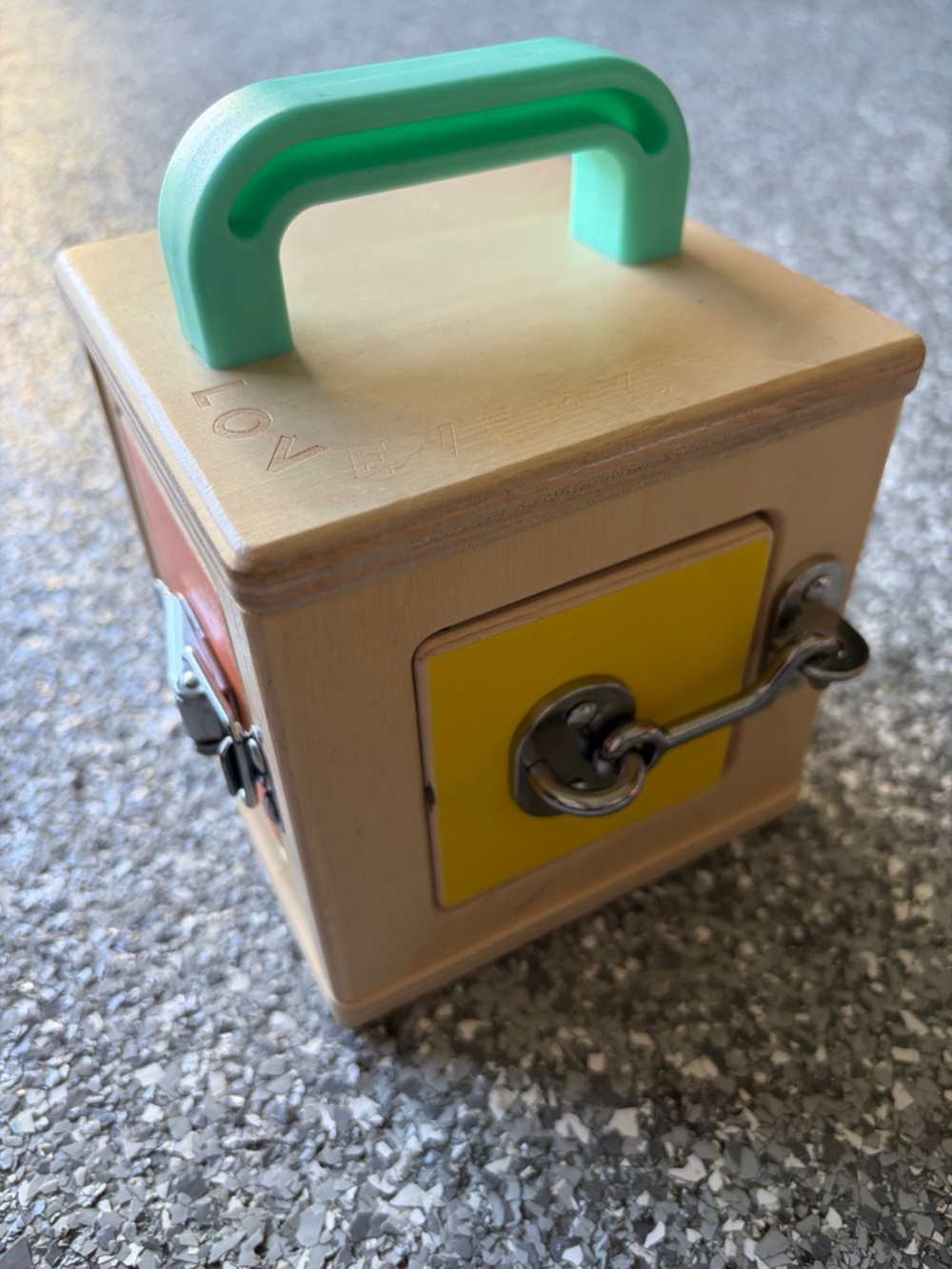 Lovevery Wooden Lock Box lockbox Toy with Mint Handle and Bright Panels